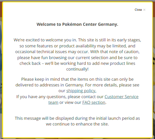 Pokemon Center Germany Notice